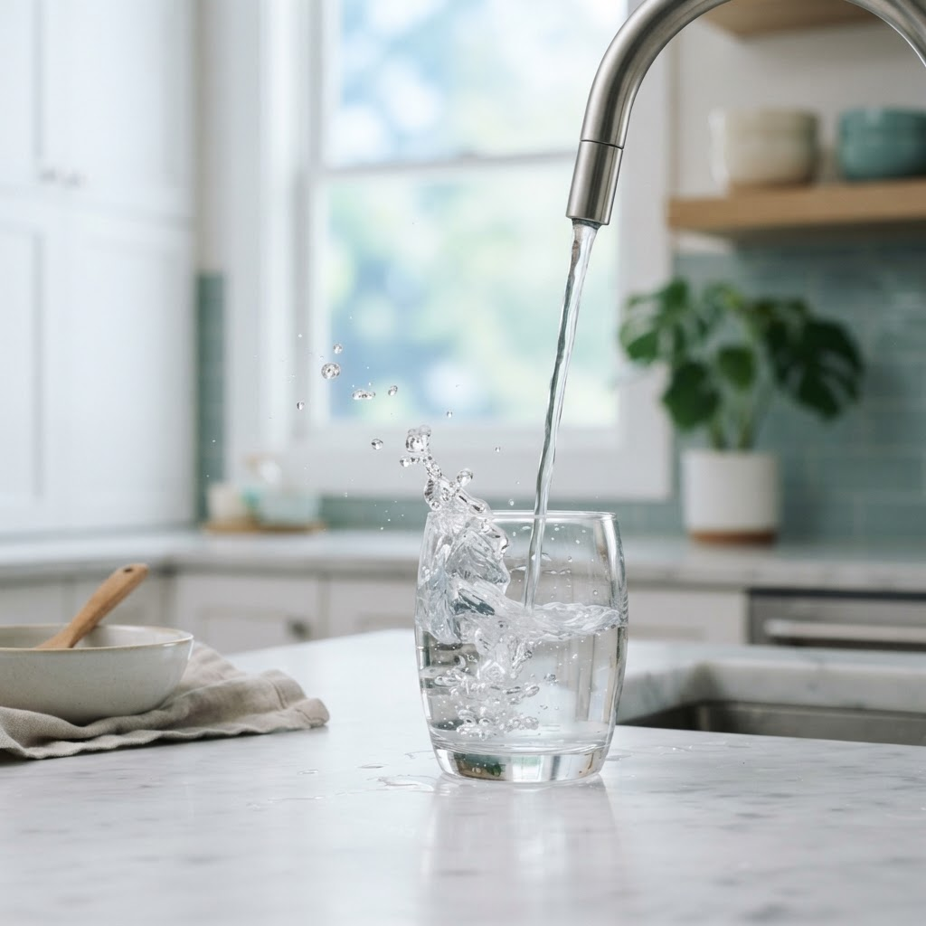 Clear filtered water being poured into a glass in a bright kitchen