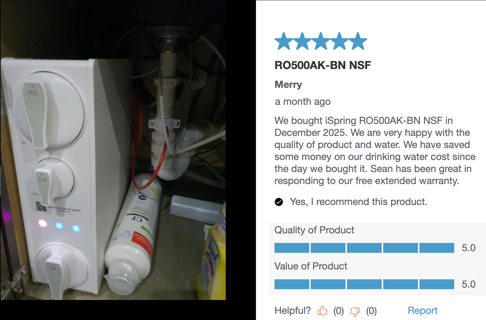 Verified five-star iSpring RO500AK-BN NSF product review next to a photo of the installed under-sink reverse osmosis system