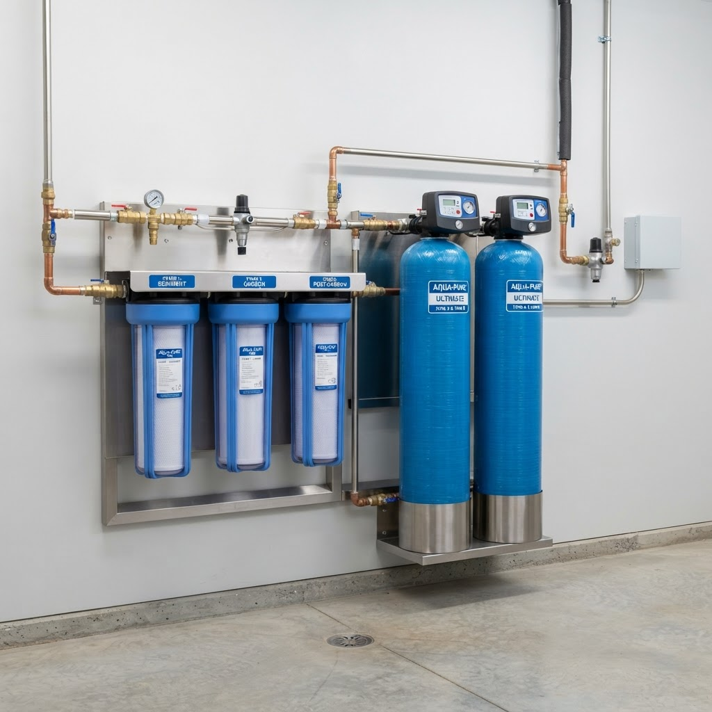 A neatly installed whole-home water filtration system